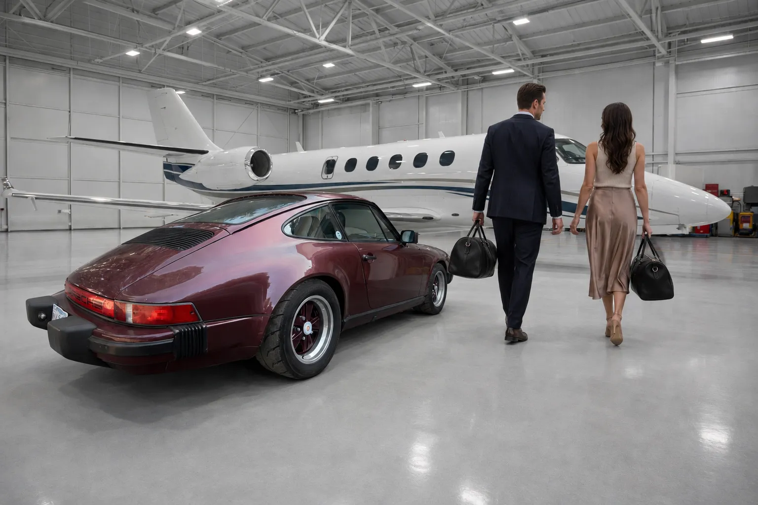 Founder's Edition Touring Bag with a Porsche 911 and private jet in a hangar