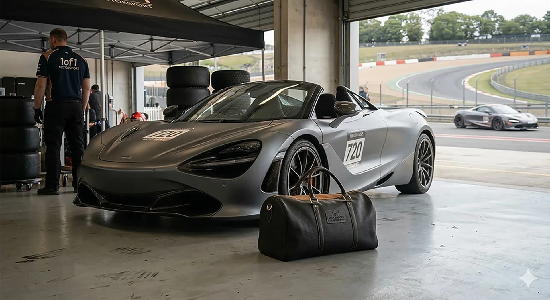 Bag in a 1of1 Motorsport pit garage with a McLaren